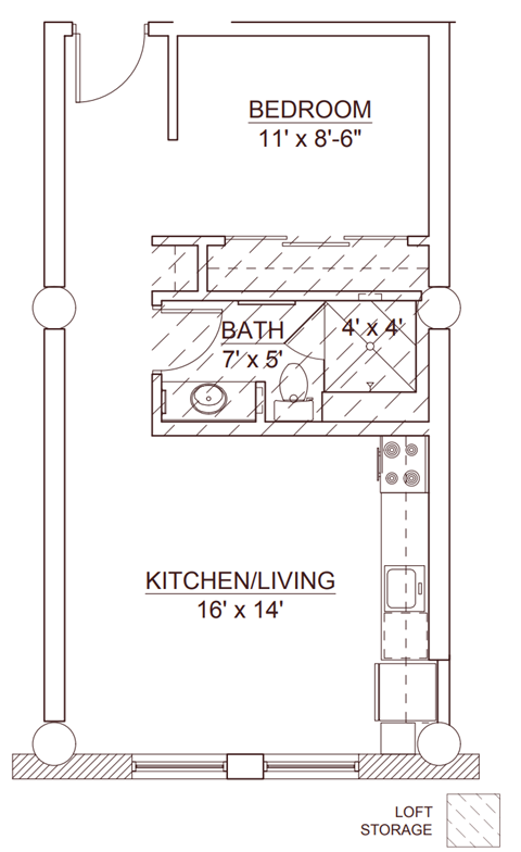 Floor plan for 1 bed, 1 bath, 500 sqft